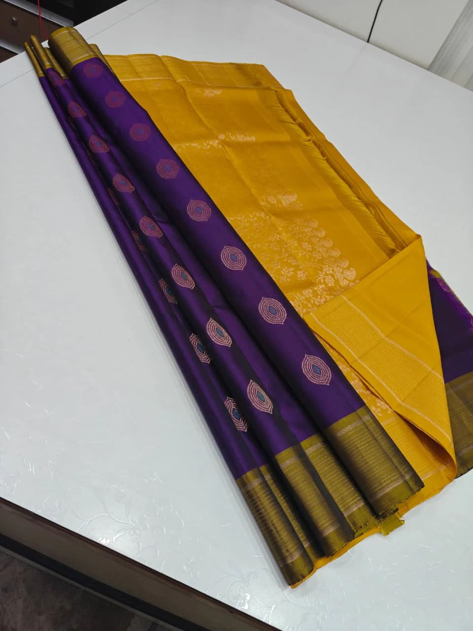 Purple with Mustard Yellow Round Eye Shaped Buttas Soft Silk Saree